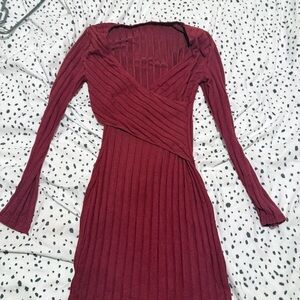 Boohoo Strapless Ribbed Wine Dress